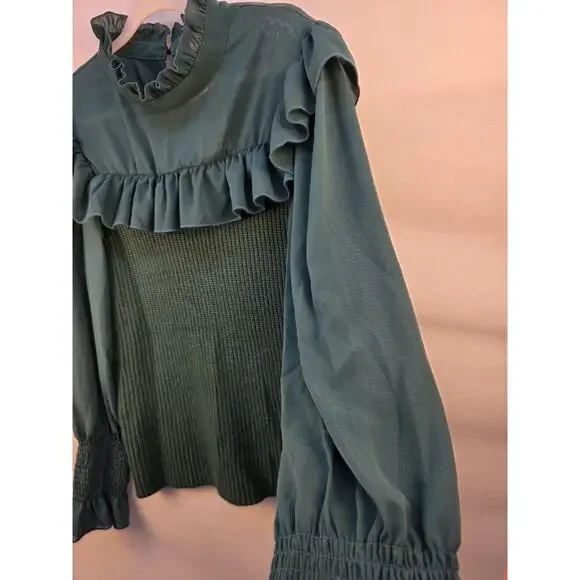 Kirundo Women's extra Large Sweater NWT Green Sheer High Collar Ruffle Preppy - Picture 5 of 16
